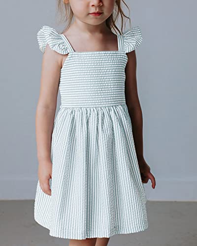 Saodimallsu Girls Striped Square Neck Button Sundress With Lined Cami Casual Summer Ruffle Dresses Lake Green 9-10 Years #TOP2