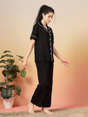 Image of Night Suit for Women's| Solid Night Dress| Half Sleeves Shirt and Pajama Set