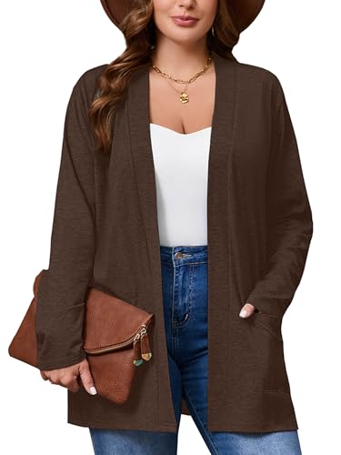 Image of AusLook Plus Size Lightweight Cardigans for Women Open Front Pockets Jacket | 1X-5X,Soft Stretch,Long Sleeve,Longline Coverage,Dress Jeans Layer,Work Travel Style,Spring Fall Wear