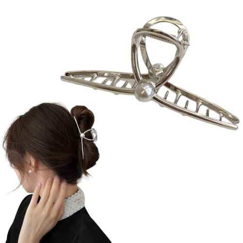 バンスクリップ ヘアクリップ オフィス シンプル ヘアアクセサリー 髪留め 髪飾り クリップ 大きめ 通勤 結婚式 強力 オンオフ両用 お風呂 レディース (Silver-パール)