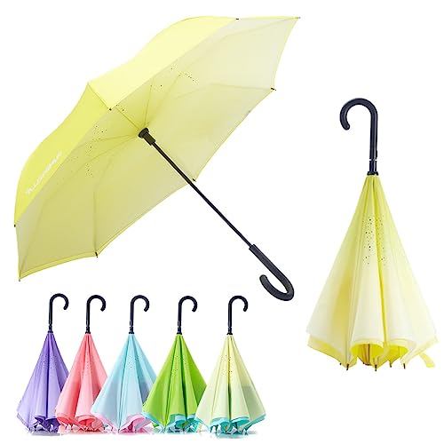 RUMBRELLA Reverse Umbrella Auto Close Windproof Car Umbrella Inverted with J Hook Handle for Women Girls, Yellow