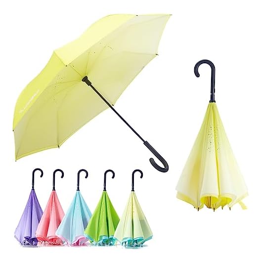 RUMBRELLA Reverse Umbrella Auto Close Windproof Car Umbrella Inverted with J Hook Handle for Women Girls, Yellow