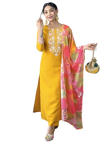 Naixa Women's Rayon Embroidered Straight Kurta with Pant and Dupa...