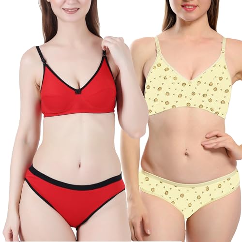 Image of Solid Printed Polka Cotton Bra & Panty Lingerie Set Combo for Women S to 3XL
