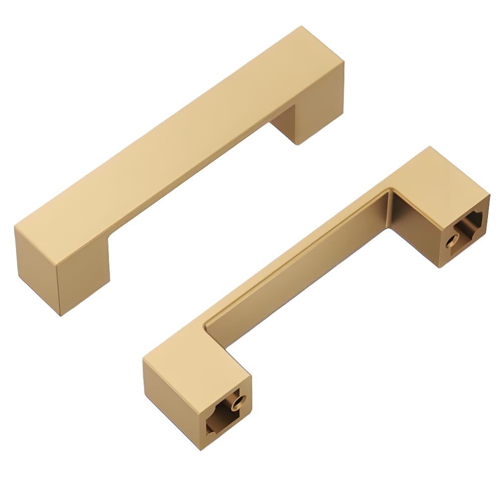 Hickory Hardware Heritage 10 Pack Square Cabinet Pulls, Low Profile Handles for Kitchen Cabinet Doors, Dresser Drawers & Bathroom Vanity, 3-3/4 Inch (96mm) Center to Center, Brushed Brass, 10 Pack