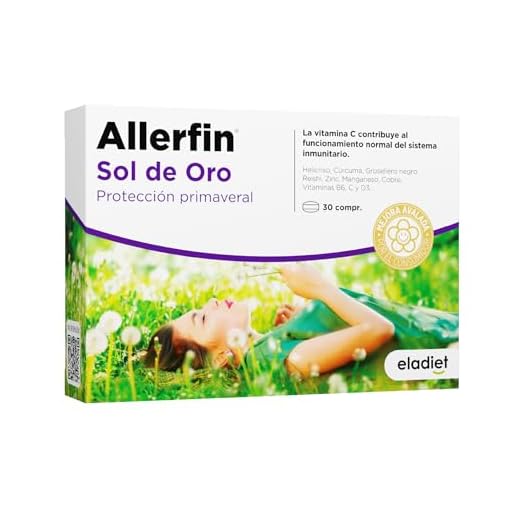 ALLERFIN SOL DE ORO FORTE para Síntomas Primaverales - Ayuda Contra al Polen, Polvo y Ácaros - Multivitaminico - Vitaminas C, D3, B6, Zinc, Magnesio, Cobre, Cúrcuma, Helicroso, Reishi | ELADIET
