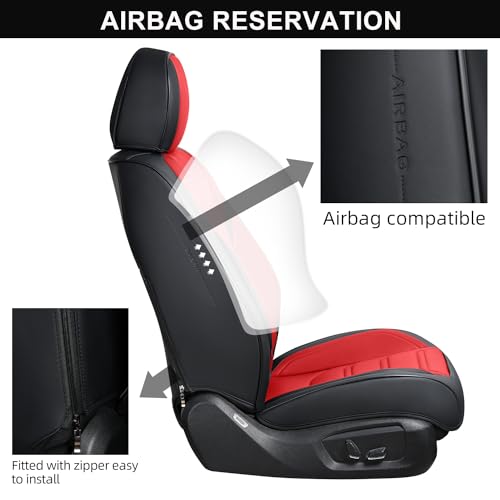 Image of TIEHESYT Leather Seat Covers Front Pair with Lumbar Support, Breathable and Waterproof Car Seat Cover, Universal Seat Covers for Cars, Trucks, SUVs, Sedans, Pickups, Airbag Compatible, Black&Red