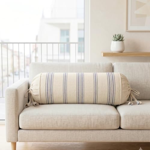 Image of SAJAVAT HOME 100% Cotton Striped Bolster Cover Pack of 2 15x30 | Textured Round Side Pillow Covers for Sofa, Bed & Diwan | Soft Breathable Bolster Pillow Covers | Beige & Grey