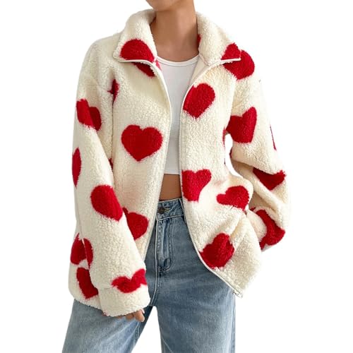 Valentinstag Damen Fleecejacke Fashion Herzen Drucken Plüschjacke...