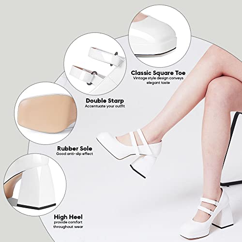 Kalstage Mary Jane Shoes For Women Chunky High Heels Square Toe Ankle Strap Patent Leather Platform Pumps Shoes Uniform Dress Shoes White #TOP3
