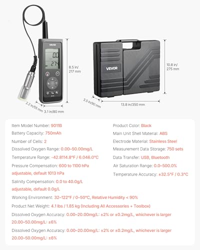 VEVOR Messgerät für gelösten Sauerstoff, Messbereich 0,0–50,0 mg/L, tragbares Testset mit 4 m Elektrodenkabel & Bluetooth/USB-Datenübertragung, Speicherung von Datensätzen, DO-Messgerät