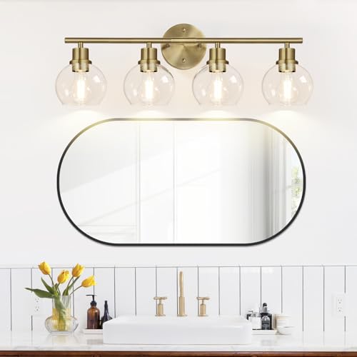 Image of Indoi 4-Light Bathroom Light Fixtures, Brushed Brass Bathroom Lights Over Mirror with Clear Glass Globe Shade, Vanity Lights for Bathroom Kitchen Living Room Hallway Cabinet Bedroom Porch