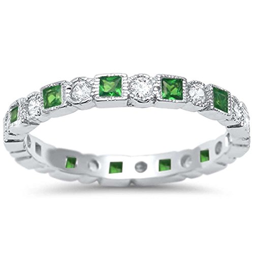 Blue Apple Co. 2.5mm Bezel Set Full Eternity Band Ring Alternating Round Simulated Green Emerald Cubic Zirconia 925 Sterling Silver, Size - 6
