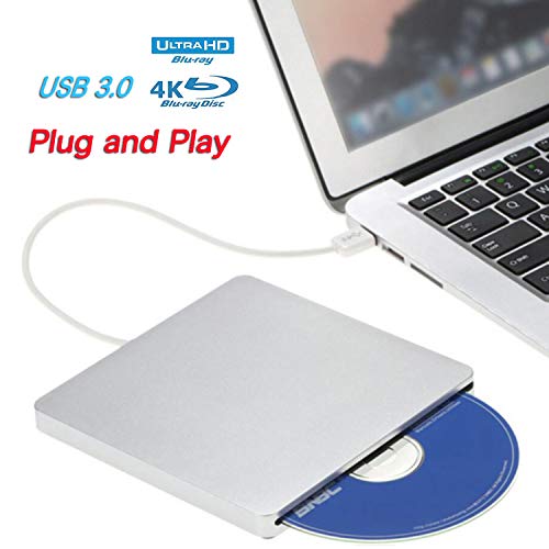 Blu ray Drive External DVD Drive,VikTck USB3.0 Hard DVD/CD Burner/Writer,3D 4K 6X Blu-Ray Disc Playback, Slim & Super-Fast for Windows, Mac OS Laptop, PC, Computer (Silver)