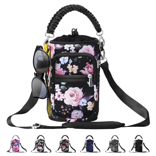 Image of Neoprene One Gallon Water Bottle Sleeve with 4 Pockets & Paracord Handle, 128 oz Metal Water Jug Bottle Pouch Sling Bag with Adjustable Strap for Walking, Sport-Black Flower