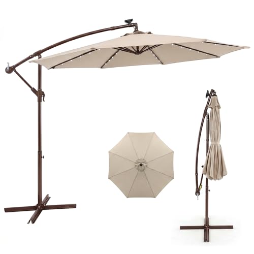COSTWAY Parasol Déporté 3x3M avec 40 LED Solaire, Parasol de Jardin Extérieur à Manivelle, Inclinable avec Double Toit Ventilé, 8 Baleines, Protection UV,...
