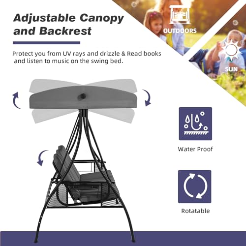 Image of HOMREST 3 Seat Outdoor Porch Swing with 1.5 inch Deepened Cup Holder, Adjustable Canopy, Patio Swing Bed with Stand, Patio Glider Swing with Thicken Cushions, Pillow for Yard, Garden(Grey)