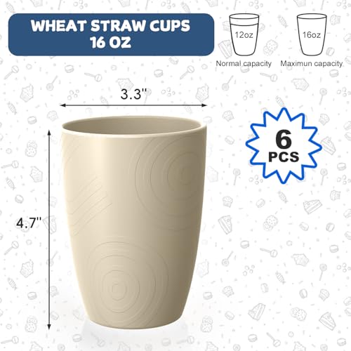 Image of 16oz Reusable Plastic Cups, 6PCS Wheat Cup Set for Outdoor, Beige | Unbreakable & Lightweight Plastic Drinking Glasses for Kitchen & Picnic - Dishwasher Safe Cups