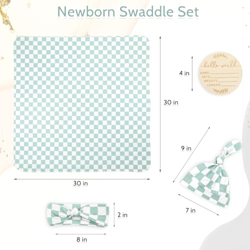 Image of TANOFAR 4-Pack Newborn Swaddle Blanket for Baby Girls & Boys, Ultra Soft Receiving Blankets with Matching Headband and Beanie Set Baby Nursery Swaddle Wrap, Green Checkerboard