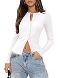 Gleeneat Button Down Up Cardigan Sweaters for Women Trendy Long Sleeve Cropped Summer Going Out Crop Tops White Light Weight Basic Cardigans Ribbed Knit Shirts 2026 Cute Clothing Outfits
