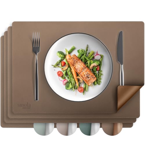 smøla Tischsets aus PU-Leder 4er Set I Platzset Abwaschbar I Platzdeckchen Set in Lederoptik I Untersetzer für Teller I Tischunterlage Esstisch I Tischdeko Frühling, Braun/Gold
