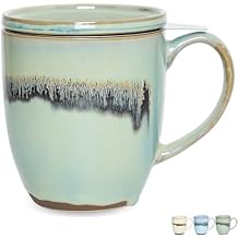Bosmarlin Ceramic Tea Cup with Infuser and Lid, 16 Oz, 3 Colors to Choose, Microwave and Dishwasher Safe, Steeping Tea Mug with Strainer, Reactive Glaze 16 Oz, Turquoise Green Light