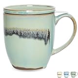 Bosmarlin Ceramic Tea Cup with Infuser and Lid, 16 Oz, 3 Colors to Choose, Microwave and Dishwasher Safe, Steeping Tea Mug with Strainer, Reactive Glaze (16 Oz, Turquoise Green Light)