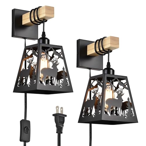 Image of Plug in Wall Sconce,Deer Matte Metal Rustic Wall Sconces,Black Wall Light,Farmhouse Wooden Wall Sconce Light Set of Two,Industrial Wall Lamps for Bedroom,Bedside,Living Room,Bathroom