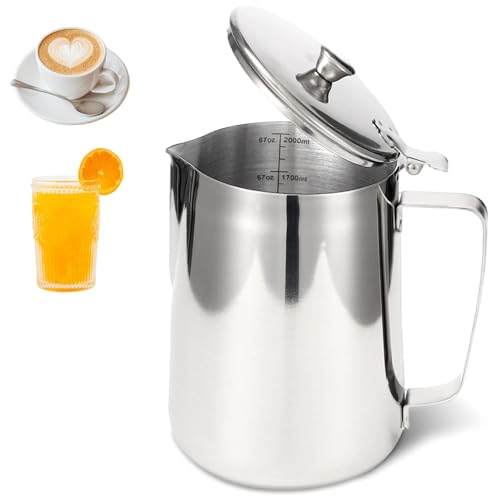 Stainless Steel Pitcher with Lid, 67 oz/2000 ml Large Capacity 304 Stainless Steel Water Pitcher with Scales, V Spout Latte Art Pitcher for Espresso Machines, Latte Art, Iced Tea, Hot Water