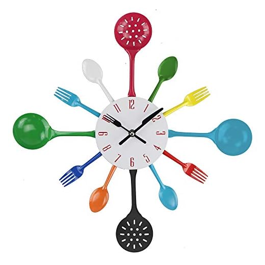 Timelike Wall Clock, 16" Metal Kitchen Cutlery Utensil Spoon Fork Wall Clock Creative Modern Home Decor Antique Style Wall Watch (Colorful)