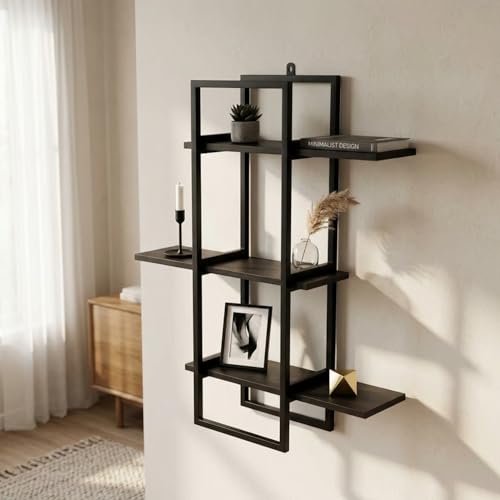 Image of Mighty Home Floating Wall Shelf with Black Metal Frame + Wooden Shelves, Wall Mounted Shelf for Books, Plants & Decor, 3 Tier DIY Organizer for Home & Office, Black