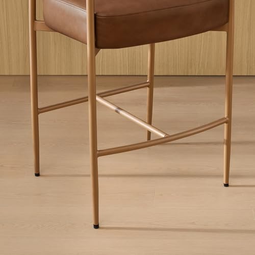 Butacos de altura para barra CHITA, juego de 2, modernos con respaldo y brazos, patas metálicas, tapizados en cuero sintético color marrón silla, altura de asiento 27 pulgadas miniatura 6