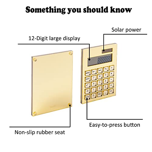 Calculator Gold Mirror, Solar Power Acrylic Slim Calculator With Large Lcd Display And Stand, 12 Digits Handheld Desktop Calculator For Office, School, Financial Accounting Business #TOP2