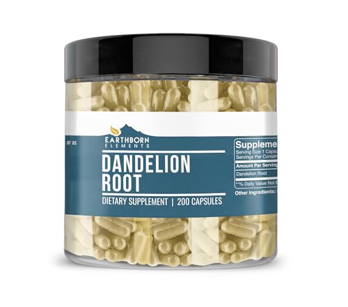 Dandelion Root, 200 Capsules, 470 mg Serving, 100% Pure & Natural, Non-GMO, Lab-Verified Authenticity, No Filler or Additive, Made in USA, Satisfaction Guaranteed by Earthborn Elements