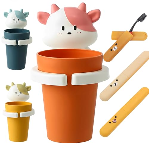 DXIA Gobelet à Dents pour Enfants, Porte-Brosse à Dents Motif Animaux de Dessin Animé + 3 Pcs Boîte de Brosse à Dents de Voyage, pour Salle de Bain Verre, Brosse à Dents Dentifrice（Rose）