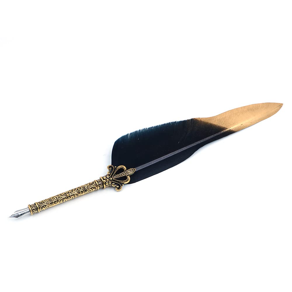 ANCLLO Quill Handcraft Feather Dip Pen Stem Metal Nib Pen Writing Quill with 5 Extra Nibs-Black