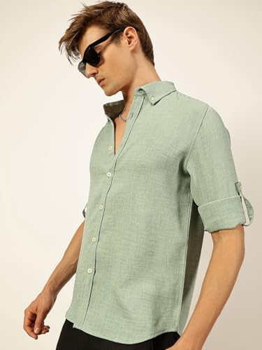Image of Thomas Scott Men's | Solid | Textured Fabric | Full Sleeve | Slim Fit | Polyester-Blend | Spread Collar | Casual Shirt