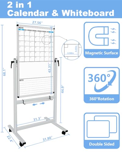 Image of XBoard Rolling Moblie Whiteboard, 44x30 inches Double Sided Magnetic Dry Erase Board with Stand for Homeschool, Live Stream, Office, School (Calendar 44x30-Inch)