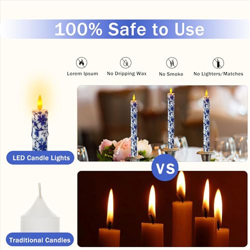 Image of Chinoiserie LED Candles Remote Candlesticks-10inches Blue and White Battery Operated Candles Timer Floral LED Taper Candles Lights for Home Wedding Tea Party Windows Decor-RC2PC-BLUWHT