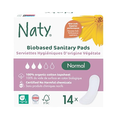 Naty Sanitary Pads Normal Without Wings | 100% Certified Organic Cotton top Sheet | Certified Skin-Safe | Without Perfume, 0% Conventional Plastic| Absorbent Protection| 14 Pads