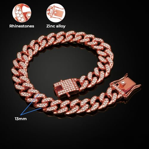 Image of Rosegold Dog Chain Diamond Collar Walking Metal Chain Collar with Secure Buckle, Pet Cuban Style Collar Jewelry Accessories for Small Medium Large Dogs, Available in Pet Gift (Rosegold, 20inch)
