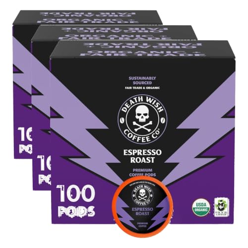 Death Wish Coffee, Espresso Roast Single-Serve Pods, USDA Organic and Fair Trade, 100 Count (Pack of 3)