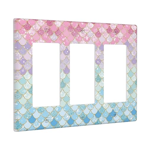 Colorful Mermaid Scales 3 Gang Rocker Light Switch Plate Cute Blue Triple Decora Outlet Wall Cover Faceplate Decorative Switchplate for Bathroom Girls Bedroom Kids Baby Nursery Living Room Decorate