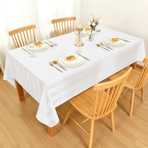 XWZO Tischdecke Gestreift Abwaschbar Eckig tischdecken Lotuseffekt Schmutzabweisend Wasserabweisend Tafeldecke Weiß 140 x 180cm – Ansicht 2