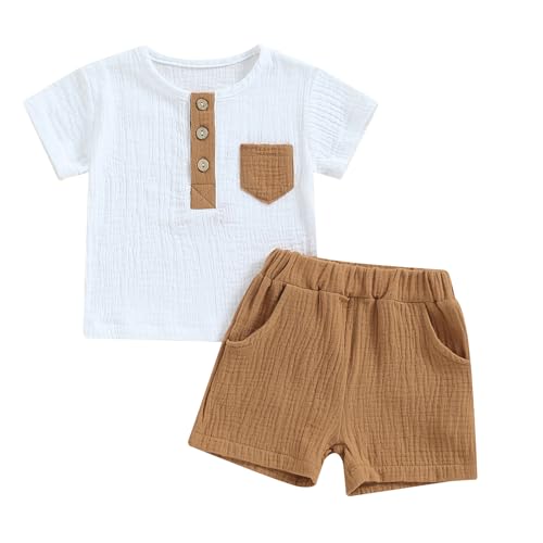 Image of fhutpw Baby Boy Summer Outfits Henley Shirt Soft Pocket Short Sleeve Tops & Shorts Sets Infant 3 6 12 18 Months 2T Clothes