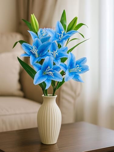 Image of ARTSY Artificial Flower for Home Decoration Lily Flower Bunch Long Size Stick Stem 3 Big Lily Flower Heads, 1 Piece