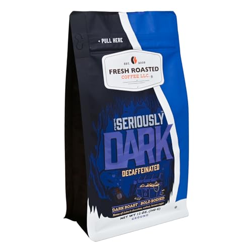 Image of Fresh Roasted Coffee, Seriously Dark Decaf Artisan Blend Drip Ground Coffee, Dark Roast, Kosher, 12 oz