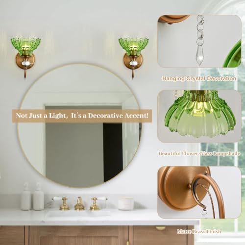 Image of 1 Piece Vintage Wall Sconce, 1-Light Matte Antique Brass Finish Wall Sconce with Hanging Crystal Accents and Flower-Shaped Green Shades for Bathroom Bedroom Living Room,Vintage Vanity Light