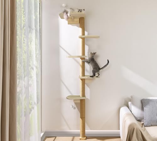 Kratzbaum Groß 210cm Kletterwand Katzen, Wandmontierter Kratzenbaum 5 Etagen mit Sisalauflage aus Natürliches Holz, Wandelemente für Katzen zum...