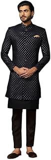 kisah Men's Kurta Sherwani Trouser Set Indo-Western, Navy Blue Cotton Blend, Woven Design Long Sleeves Regular Fit Mandarin Collar-picture-46